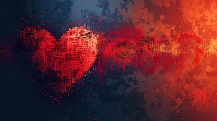 A heart made of red and black pixels is surrounded by a red and orange background. Concept of sadness and loss
