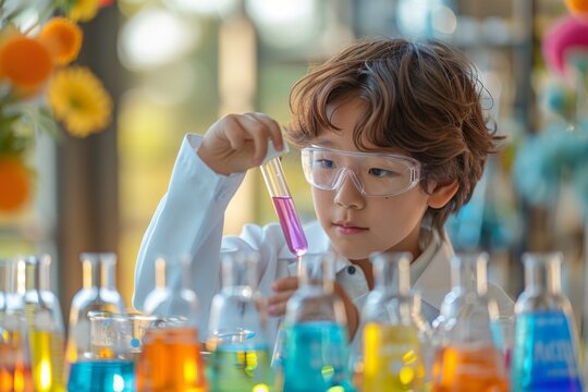 Little scientist making experiment with test tube in chemical laboratory