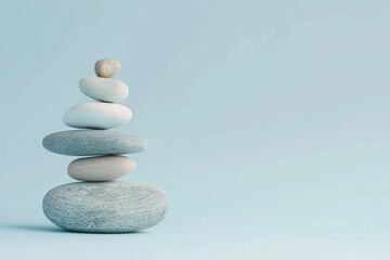 Obraz na płótnie Canvas KSPhoto of a stack of balanced stones on a light blue