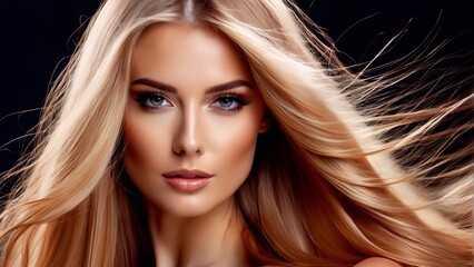 Obraz premium A stunning blond woman with blue eyes and lengthy blonde hair poses for a photograph, her hair billowing in the wind