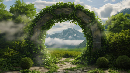 Background of a magic arch portal in the middle of a blurred forest