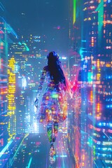 A close-up portrait of a digital k-pop robot girl in a Cyberpunk cityscape. Her long hair cascades in shades of gradient blue, illuminated by the neon glow.