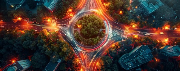 Dusk settles over a circular intersection with radiating light trails, the glowing veins of the...