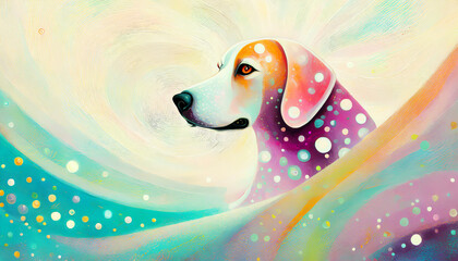 A vibrantly colored profile of a dog is superimposed over a swirling abstract background. The dog appears whimsical with dotted patterns over its coat and a serene expression on its face. AI generated - obrazy, fototapety, plakaty