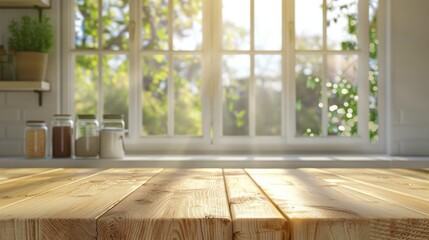 Wooden texture table top on blurred kitchen window background