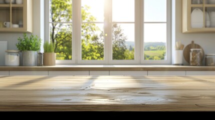 Fototapeta premium Wooden texture table top on blurred kitchen window background