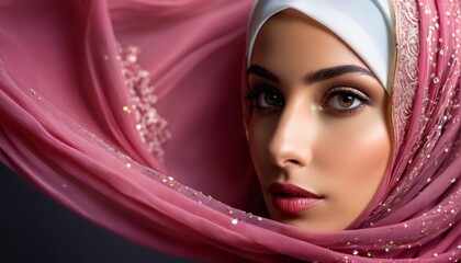 Naklejka premium A woman wears a headscarf with a pink scarf overlapping it in this close-up image