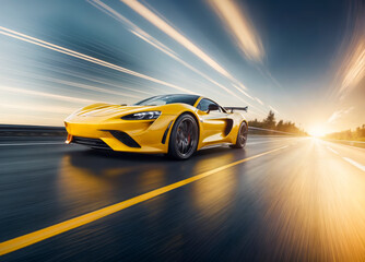 A yellow supercar is driving down an empty road with the sun in the background.