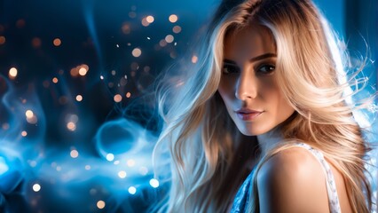   A stunning blonde woman poses before a blue-and-white backdrop, her long locks framing her face, as she's bathed in soft light