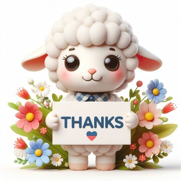 Cute character 3D image of lamb with flowers and saying thanks white background