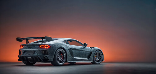 A sports car is shown from the rear, with a brake light illuminated. The background is a foggy, dark street.