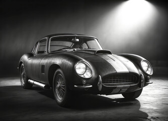 A black classic sports car is parked in a dark garage, illuminated by three bright lights. 