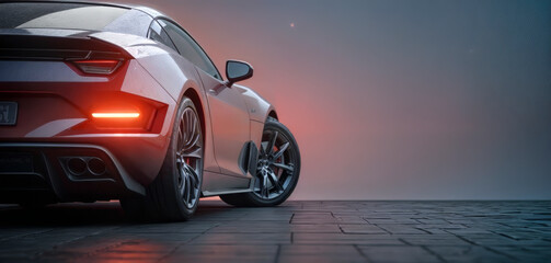 A sports car is shown from the rear, with a brake light illuminated. The background is a foggy, dark street.