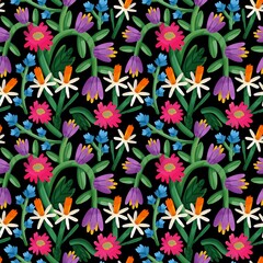 Various colorful flowers, leaves. Hand drawn floral illustration. Square seamless Pattern. Repeating design element for printing. Template for fabrics, summer textiles, wallpaper, clothes - obrazy, fototapety, plakaty