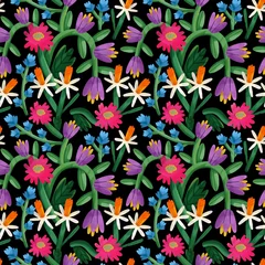 Fotobehang Various colorful flowers, leaves. Hand drawn floral illustration. Square seamless Pattern. Repeating design element for printing. Template for fabrics, summer textiles, wallpaper, clothes © Dariia