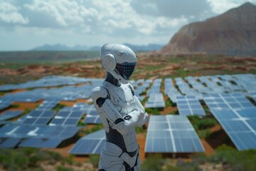 A robot stands in a field of solar panels and wind turbines. The robot has an arm cross. The scene is futuristic and industrial, with the robot looking toward the sky.