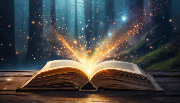 Book with fairy dust shooting out, fantasy and literature background.