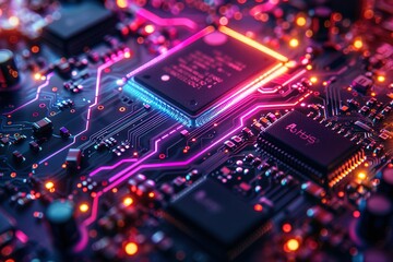 Obraz premium Dark background, blue and purple gradient color light shining on the chipboard