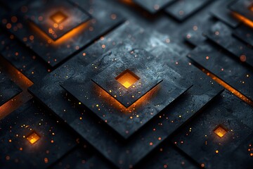 Dark background, illustration of geometric shapes with golden accents on the edges