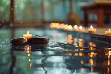 Tranquil spa setting with floating candles and smooth stones, a serene escape for relaxation and wellness, softly lit for a calming ambiance.

