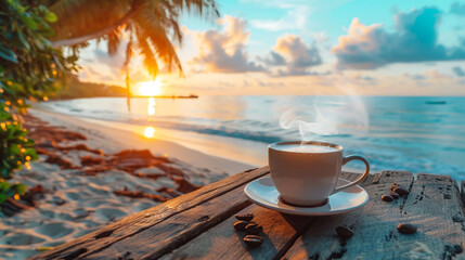 a front selective focus picture of a white coffee cup beside public beach in the south of Thailand - obrazy, fototapety, plakaty