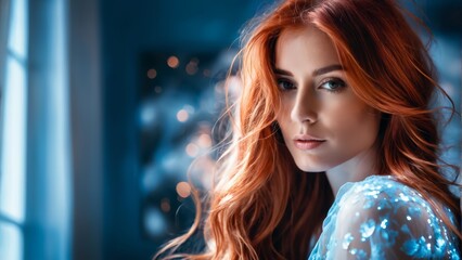   A women with red hair gazes seriously into the camera, dressed in a blue attire - obrazy, fototapety, plakaty