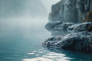 Serene seaside landscape with smooth rocks and calm waters under a misty sky, creating a sense of peace and solitude.

