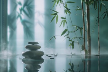 Zen-like tranquility captured in a still life with stacked stones and bamboo reflections on water, embodying peace and mindfulness.

