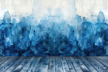 A blue and white painting of a wave with a wooden background