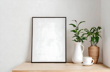 Interior design of living room with black mock up photo frame on the table with green plants in pots on white wall background. Elegant accessories. Home gardening. Template design. mockup mock-up - obrazy, fototapety, plakaty
