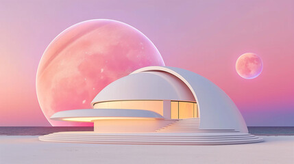 pink planet and futuristic observatory 