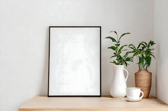 Interior design of living room with black mock up photo frame on the table with green plants in pots on white wall background. Elegant accessories. Home gardening. Template design. mockup mock-up