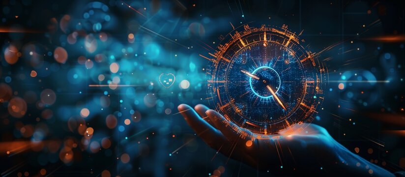 Clock on hand time data digital clock management planning business and time concept