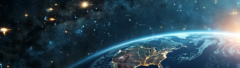 Breathtaking Nighttime Panorama. North America from Space, Glowing USA, Canada & Mexico, Sunrise Embracing the Horizon Amidst Cosmic Splendor