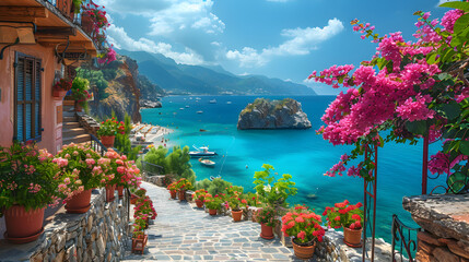Beautiful Resort Promenade with Blooming Colorful Oleander Trees for Relaxation and Scenery