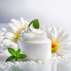 Obraz na płótnie Canvas Jar of cream surrounded by chamomile, daisy flowers and a sprig of mint. Cosmetic moisturizing product. on a white background
