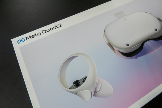 Box with Meta Quest 2 VR virtual reality headset. Copenhagen, Denmark - April 6, 2024.