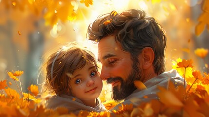 Father and daughter in autumn park. Happy family. Autumn background. - obrazy, fototapety, plakaty