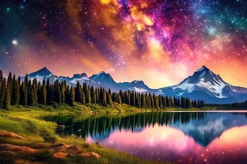 Foto op Canvas Generative AI, Beautiful stunning landscape with a colorful night sky filled with stars and nebulae, emanating from stars that sparkle like diamonds, a beautiful sunset s, cool anime landscape © Alter