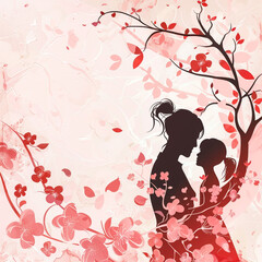 Watercolor Beautiful Silhouette Mother Holding a Baby in Hand Happy Mother's Day