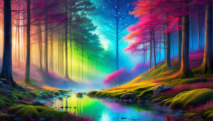 Rainbow forest, color abstract forest landscape, illustration.