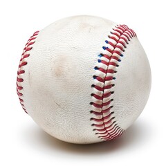 Single baseball with red and blue stitching on a white background