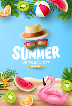 Summer Sale poster or banner template with Colorful Sunglasses, Hat, slices of Watermelon,Orange and Kiwi fruit on Tropical leaves and blue background.Promotion and shopping template for Summer season