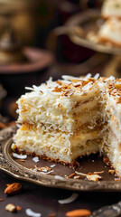A slice of coconut barfi cake, layered with coconut filling and garnished with silver vark and chopped almonds for a decadent treat, delicious food style, blur background, natural look - obrazy, fototapety, plakaty