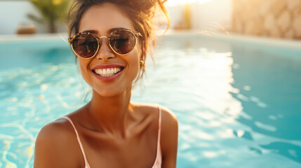 A vibrant woman with a beaming smile enjoys the sparkling blue pool water, wearing round sunglasses that reflect the joy of a sunny day