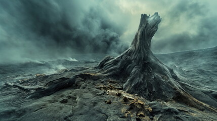 Devastated scorched earth in the valley, burnt trees, burnt vegetation and grass. Dead landscape with the remains of large tree, intense atmosphere, burned charred fire - obrazy, fototapety, plakaty