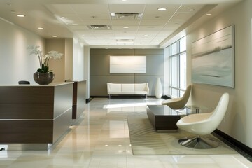 Minimalist reception area with clean signage and seating.