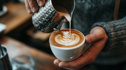 Barista Creating Intricate Latte Art in Cozy Hipster Cafe, Artisanal Coffee Culture