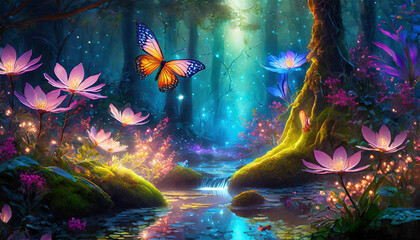Fantasy forest foliage at night, glowing flowers and beautiful butterflies.