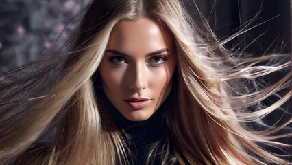   A woman with long blonde hair poses in a black turtleneck, wind gently tousling her locks